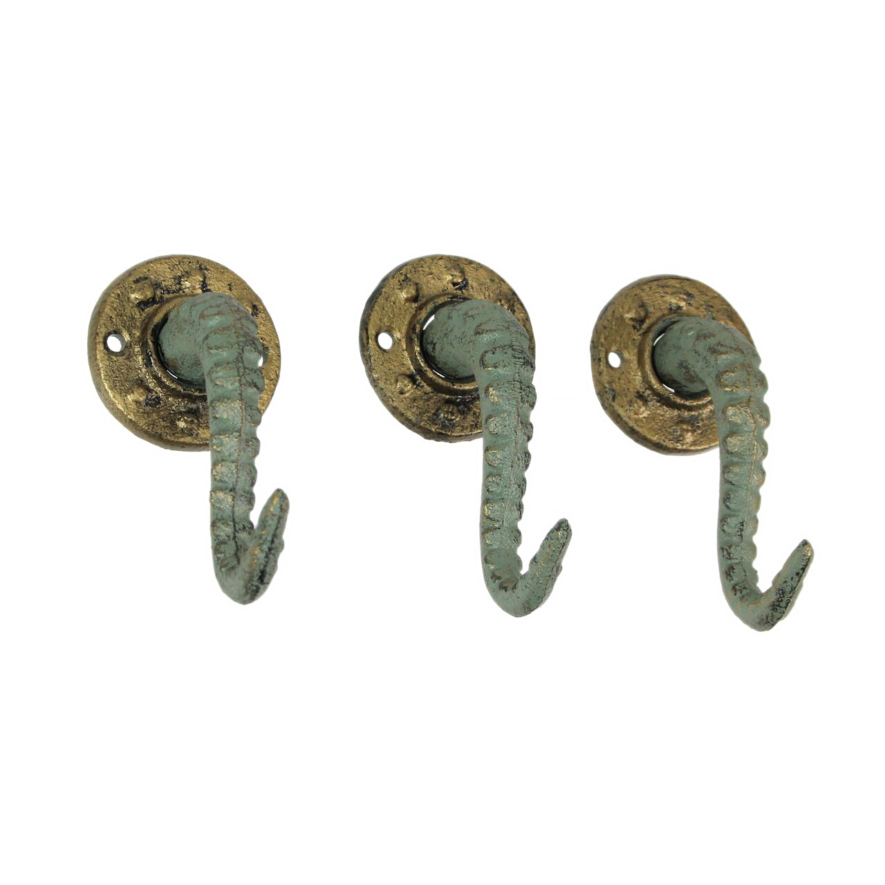 Verdigris Bronze Cast Iron Octopus Tentacle Wall Hook Nautical Set of 3